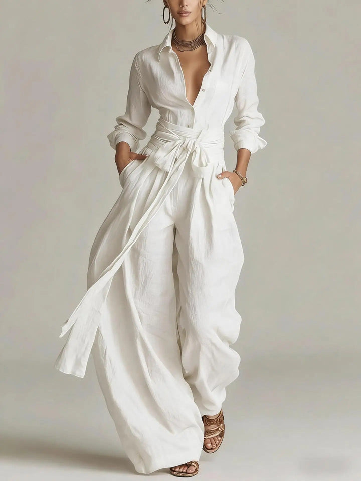 Versatile long-sleeve belted jumpsuit for women, a complete outfit ideal for work or chic casual wear.