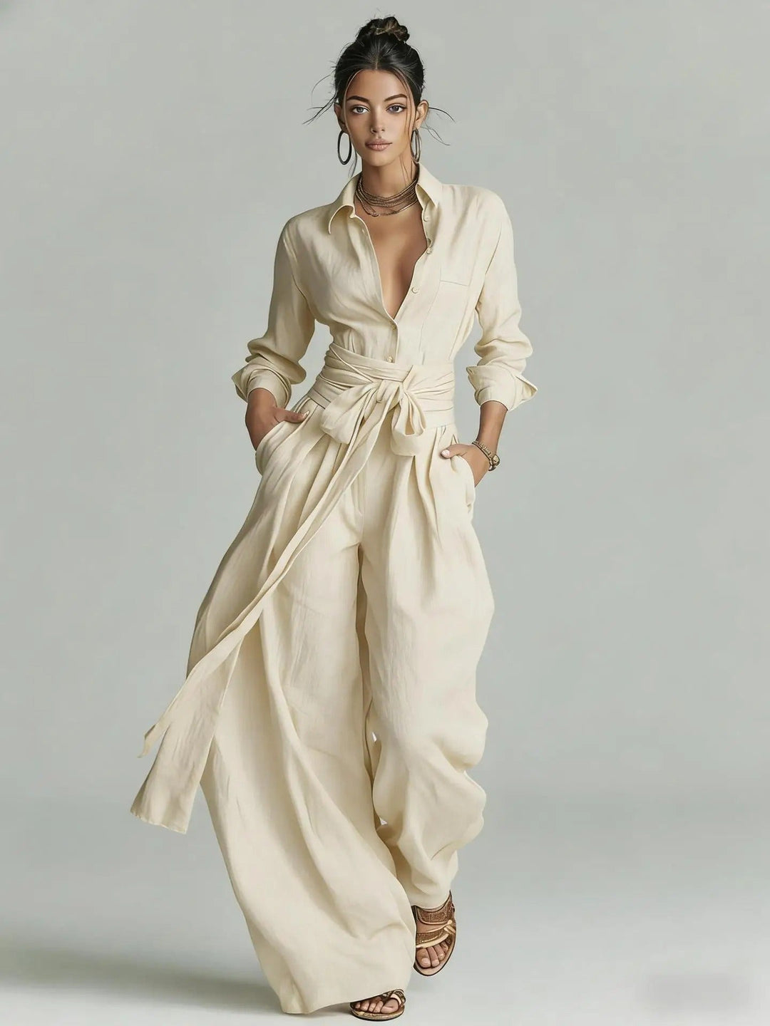 Modern women's belted long-sleeve jumpsuit featuring a shirt-collar, perfect for chic office & casual looks.