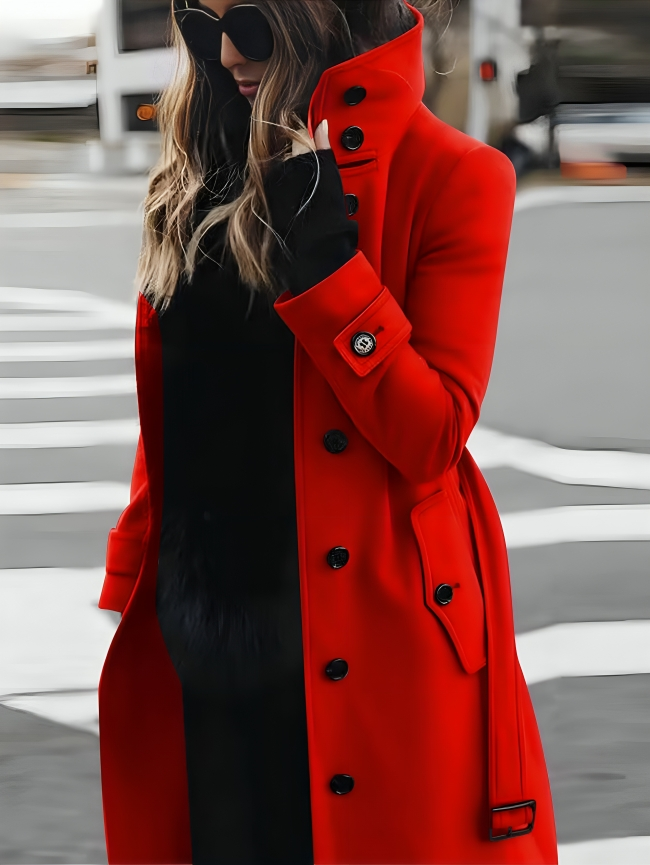 Elegant women's belted trench coat, high collar, long sleeve, A-line. Perfect classic outerwear for ladies.