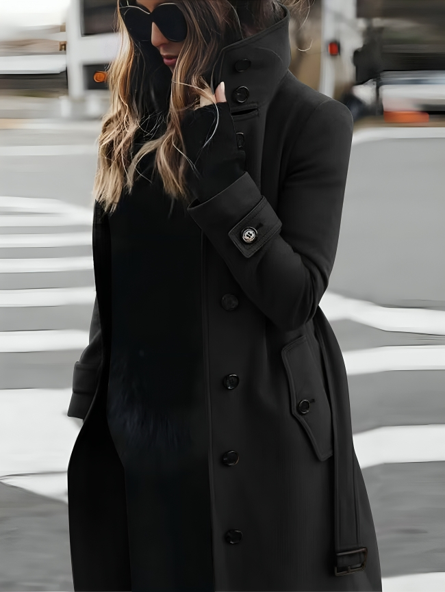 Classic women's high collar belted trench coat. A-line silhouette, long sleeve. Essential stylish outerwear for autumn.
