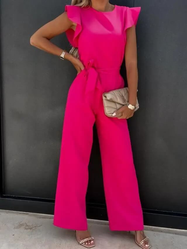 Modern green wide leg jumpsuit with stylish butterfly sleeves & a matching belt for a contemporary feel.