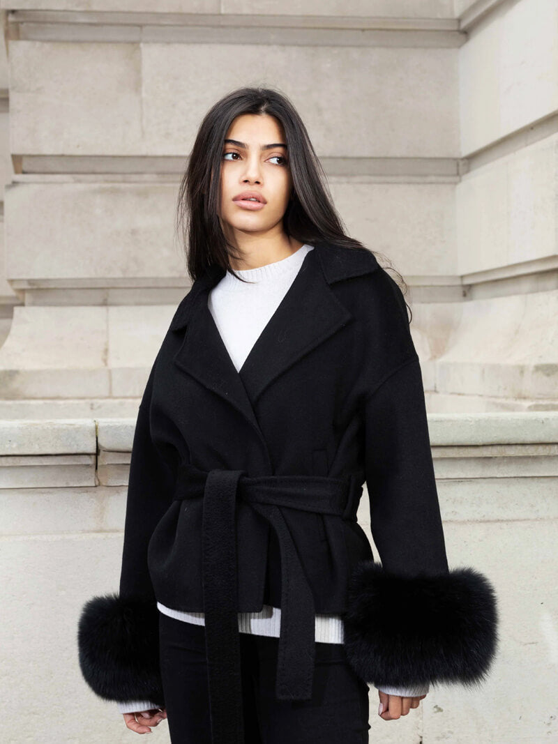 Women's fashion coat: a luxurious belted wrap style with soft faux fur cuffs & chic design.