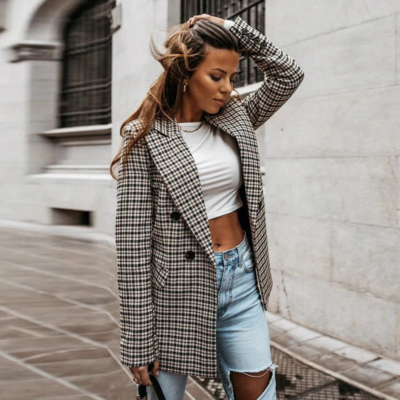 Elegant women's checked tailored blazer jacket, suitable for smart casual looks & timeless outerwear.