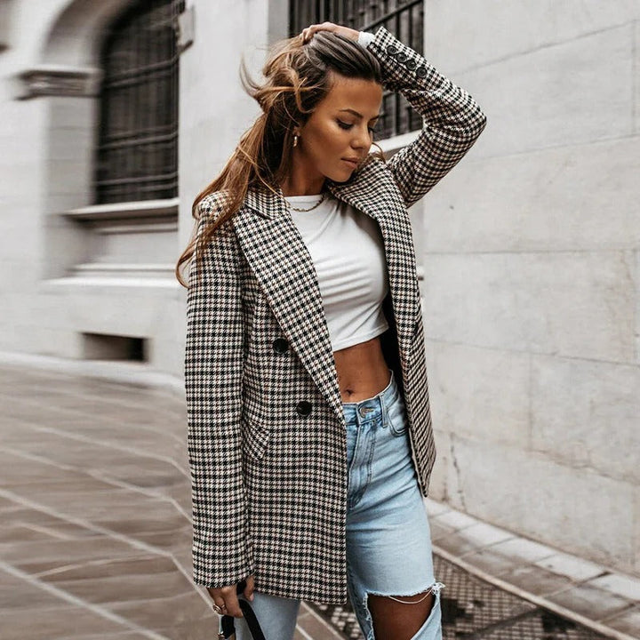 Elegant women's checked tailored blazer jacket, suitable for smart casual looks & timeless outerwear.