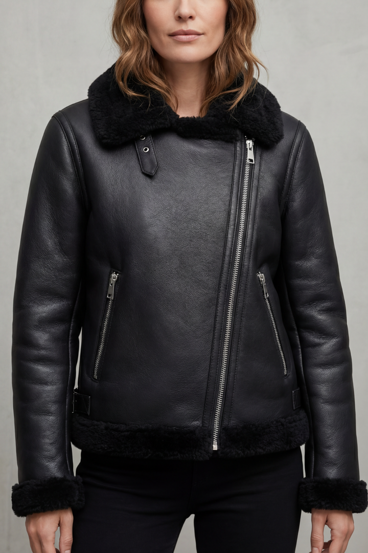 Women's black asymmetrical zip biker jacket, chic outerwear for a stylish and cozy look.