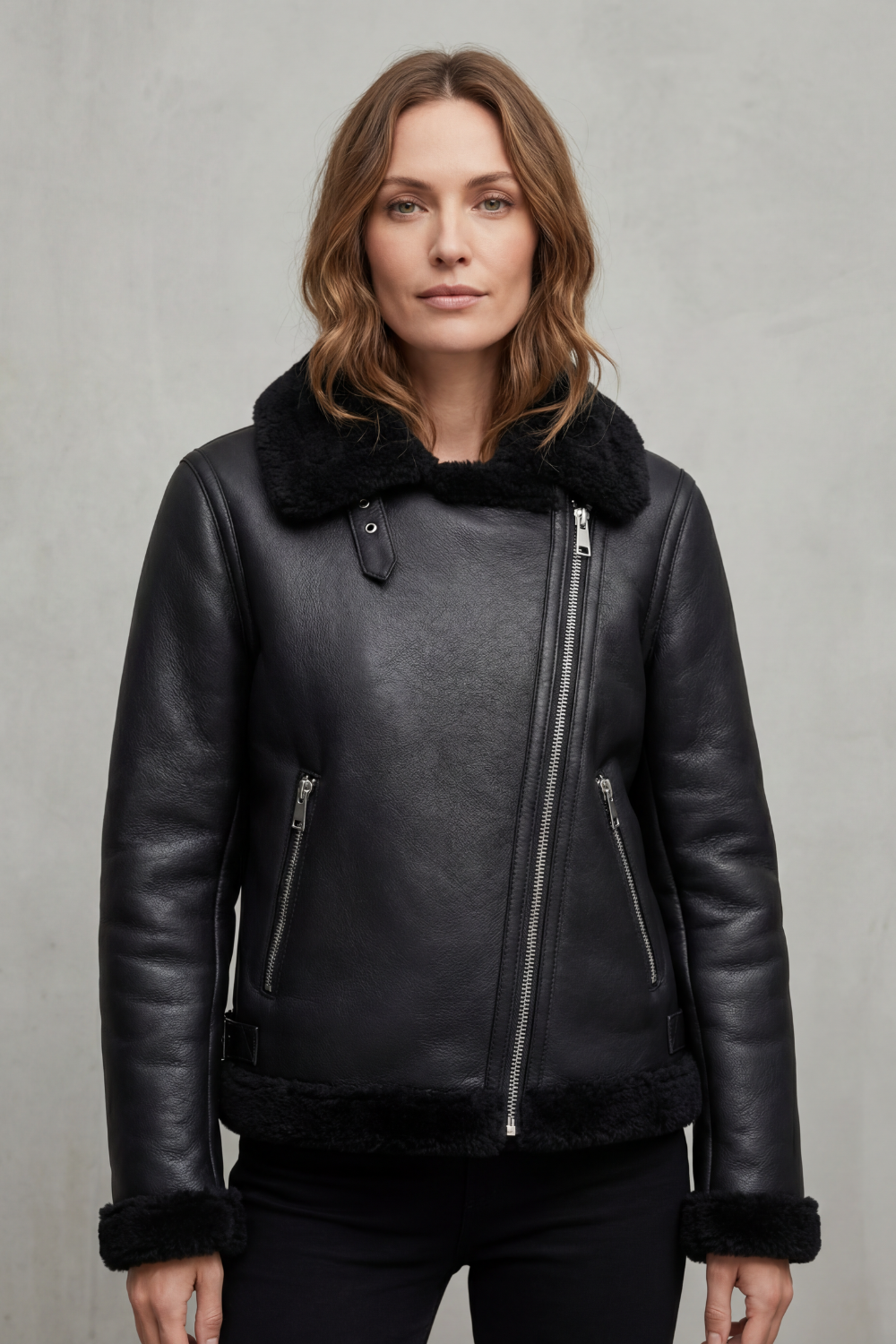 Trendy women's biker jacket with an asymmetrical zipper, perfect for stylish everyday fashion.