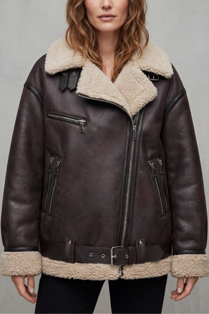 Women's black belted aviator jacket with faux fur collar, offering premium warmth & classic style for winter.
