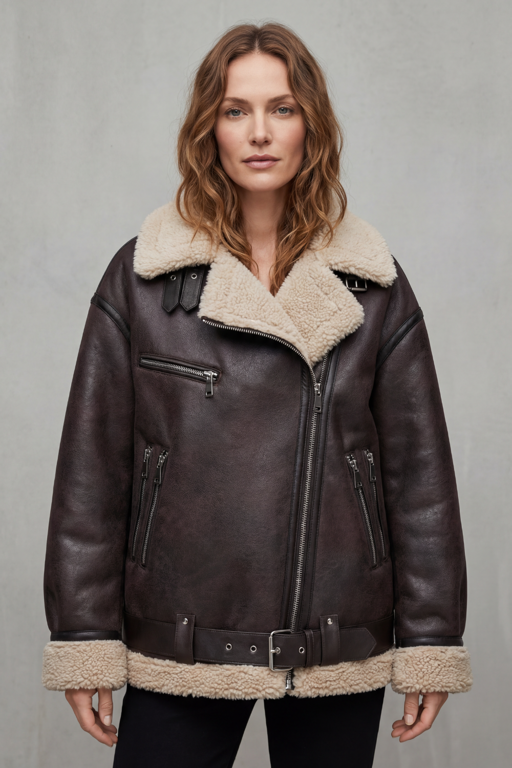 Stylish brown women's aviator jacket, belted for a flattering fit, perfect for warm and fashionable winter outerwear.