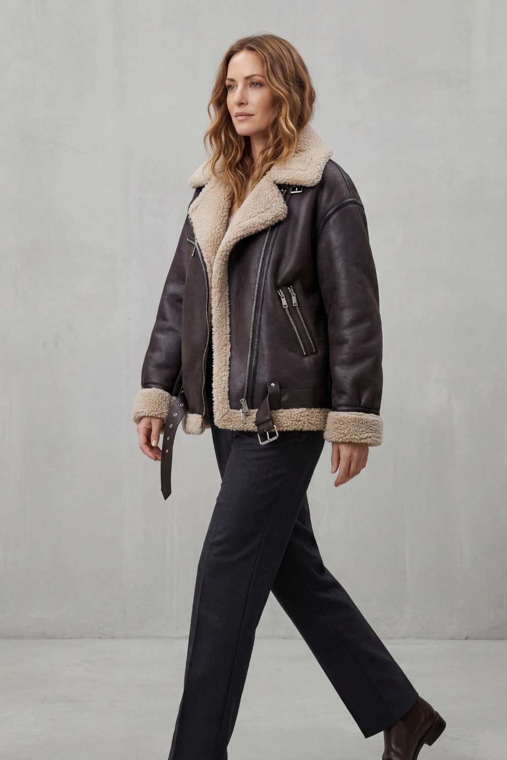 Premium women's belted aviator jacket in black, designed for ultimate warmth and comfort in casual winter fashion.