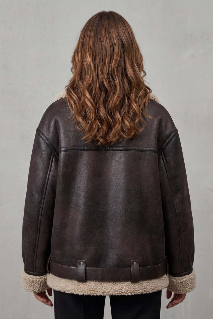 Classic black women's aviator jacket with a stylish belt, ideal for trendy and warm outerwear during cold seasons.