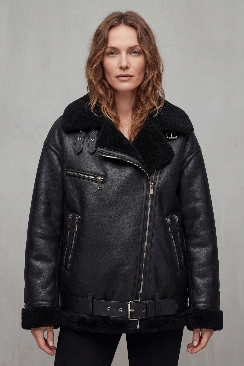 Elegant brown women's belted aviator jacket, offering premium warmth and a chic look for stylish winter outerwear.