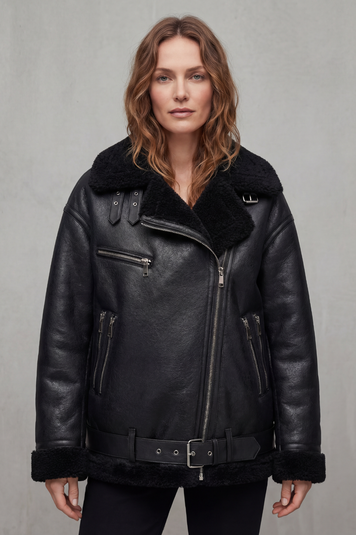Elegant brown women's belted aviator jacket, offering premium warmth and a chic look for stylish winter outerwear.