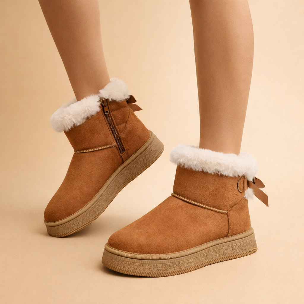 Comfortable women's brown slip-on winter boots, warm ankle style, perfect for cozy fall fashion and everyday wear.