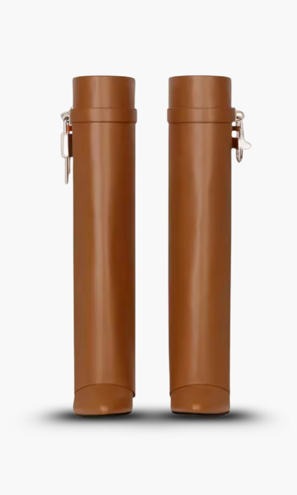 Edgy women's black glossy knee-high boots, with a striking sculptural wedge for bold street style.