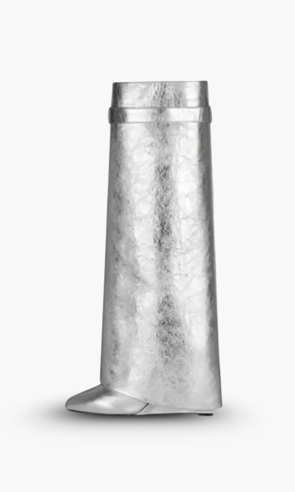 Premium women's black glossy knee-high boots, avant-garde and sculptural, perfect for cold weather.