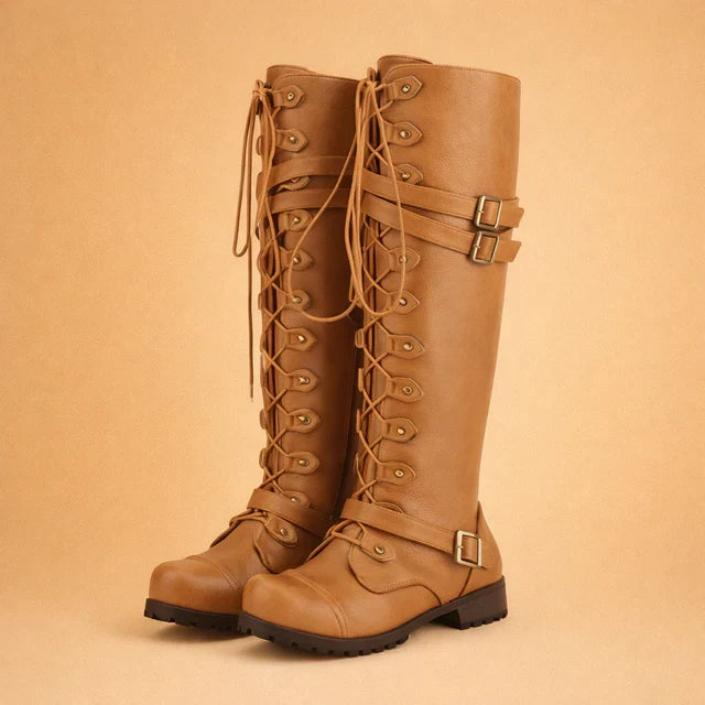 Women's black lace-up over-the-knee boots with chunky heel, perfect for fall fashion & winter outfits.