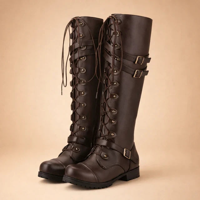 Stylish brown lace-up over-the-knee boots for women, featuring decorative buckles, ideal for everyday & fall.