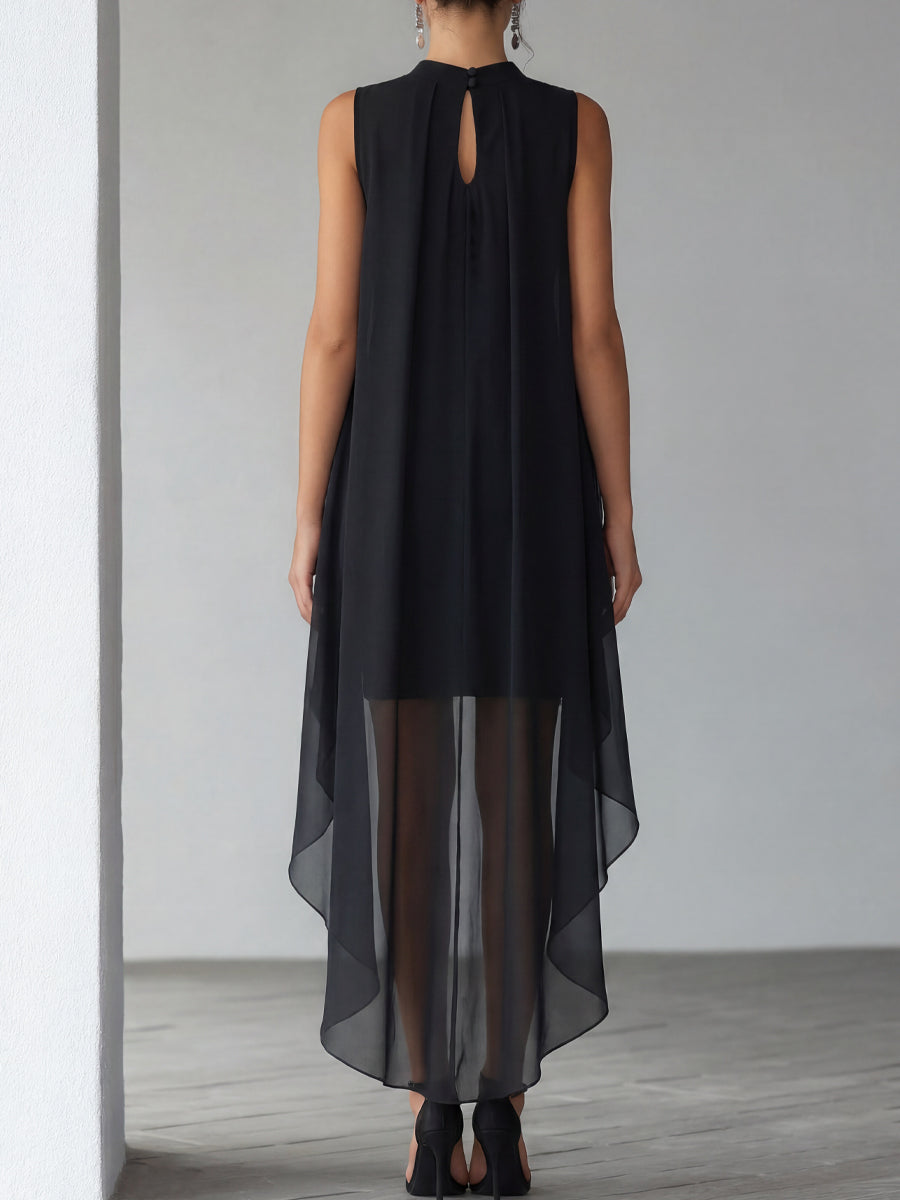 Elegant black layered cocktail gown, ideal for evening events and formal gatherings.