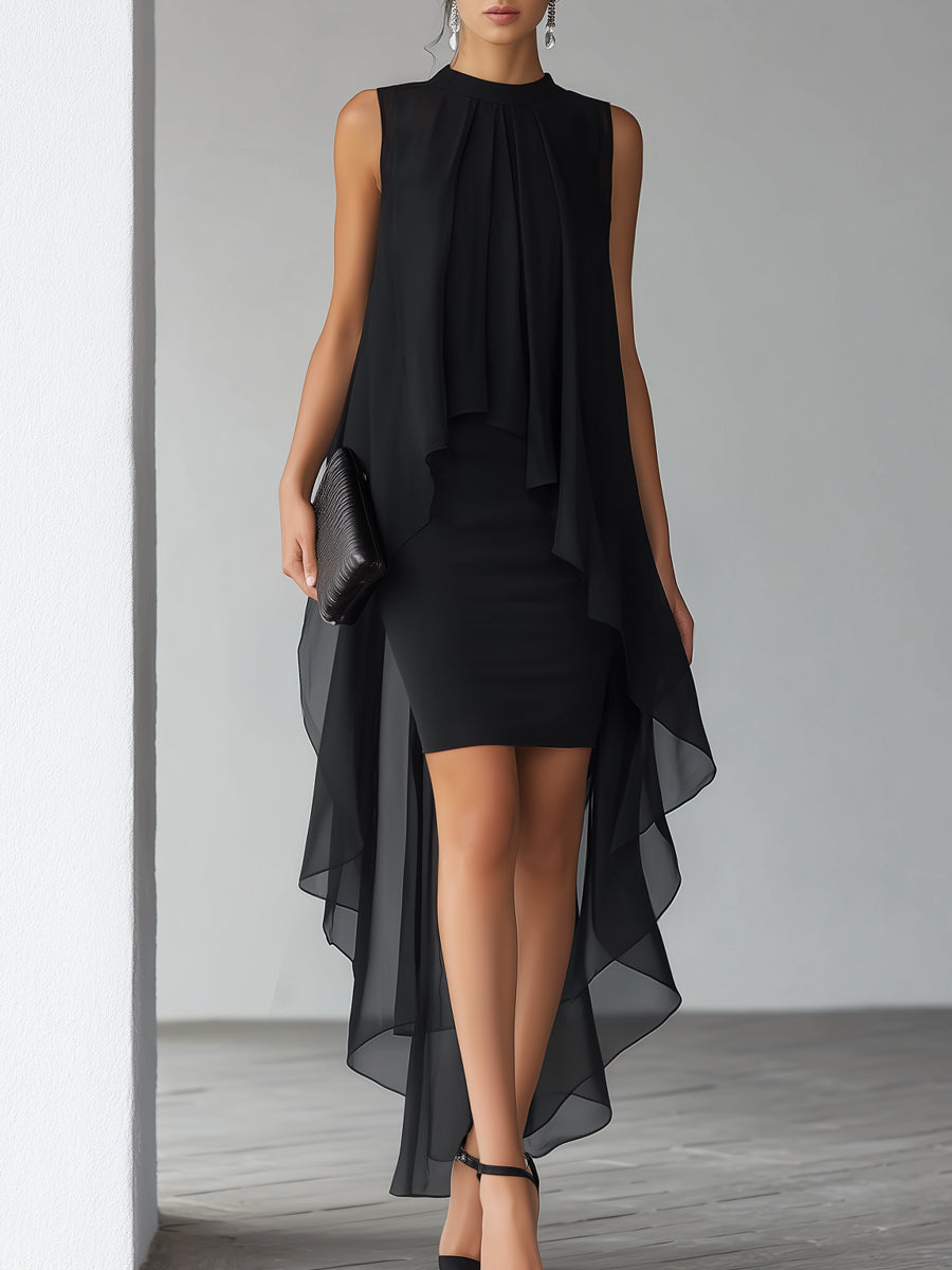 Sleeveless black cocktail gown with chic layered overlay and a flattering high neck design.