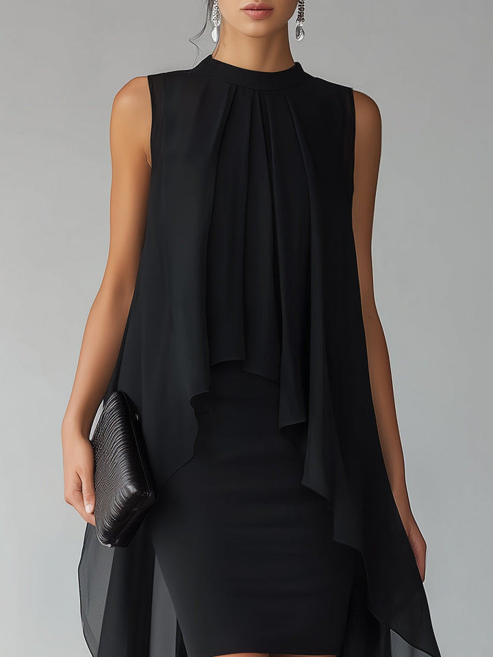 Flattering black layered overlay formal dress for women, sleeveless and elegant.