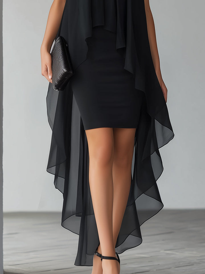 Chic women's black high-neck cocktail dress with a graceful layered overlay.