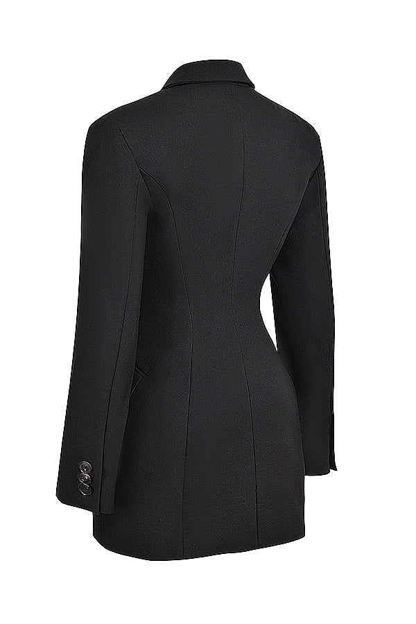 Stylish women's black mini blazer dress, tailored for a sleek, elegant professional and evening ensemble.