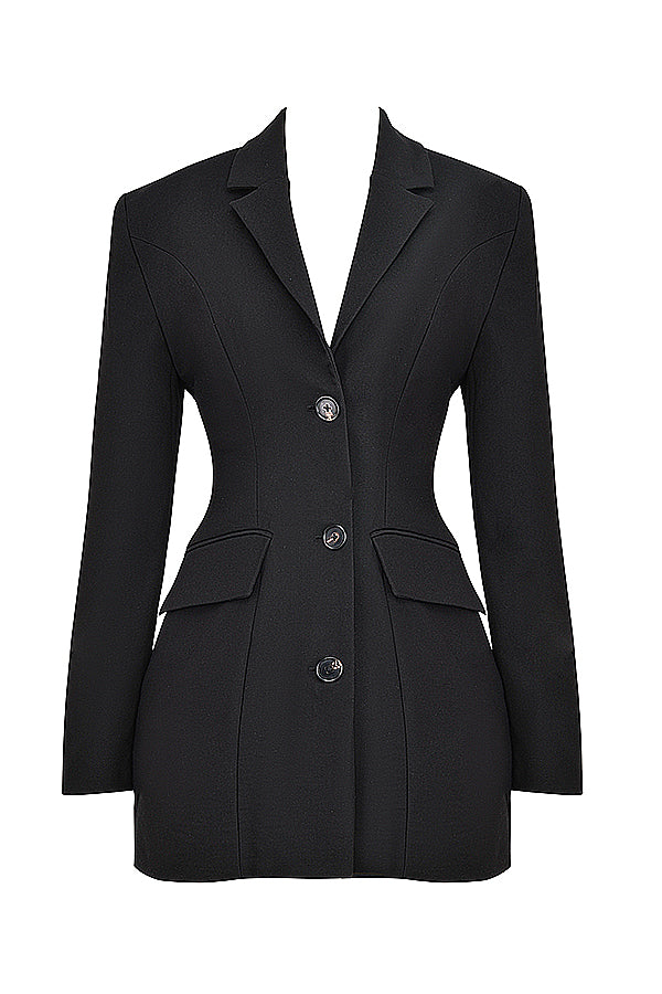 Sleek women's black tailored mini blazer dress, an elegant and versatile choice for evening & office.