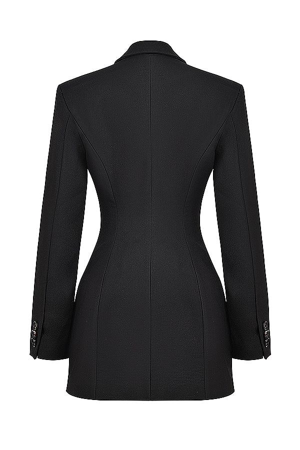 Empowering women's black mini blazer dress, tailored for a sophisticated, professional & chic look.