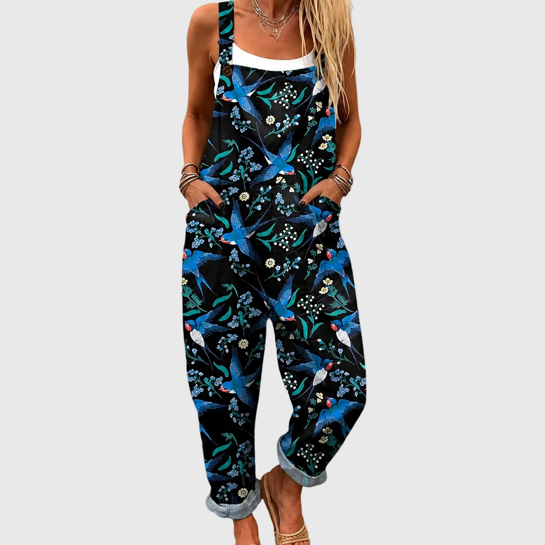 Women's black Night Swallow Pattern Overalls. Casual relaxed fit jumpsuit with unique swallow print, perfect for summer.