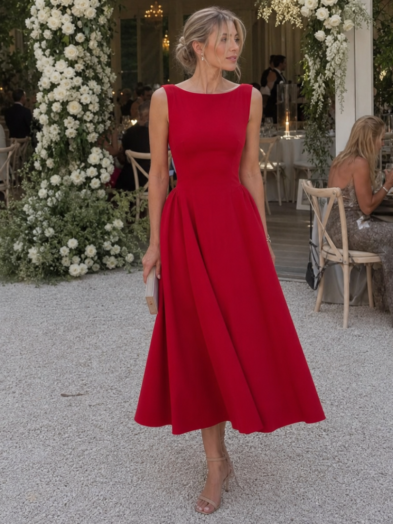 Women's black sleeveless crew neck fitted midi dress. Elegant and versatile for any occasion.