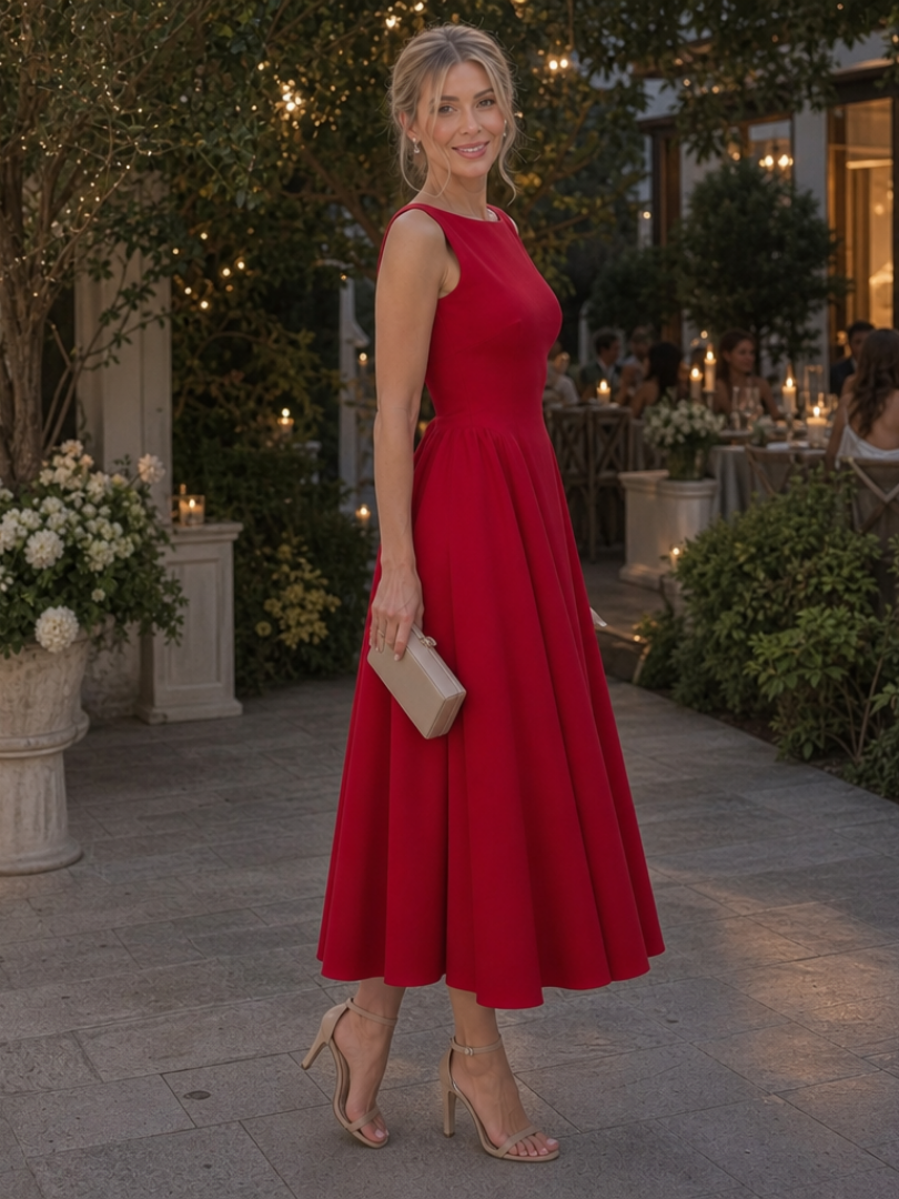 Red women's sleeveless crew neck midi dress. Figure-flattering fitted style perfect for occasion wear.