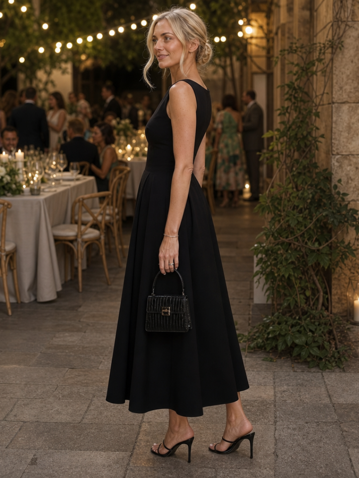 Women's sleeveless crew neck midi dress in a flattering fitted design. Essential for a sophisticated wardrobe.