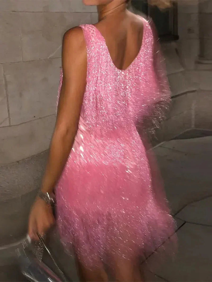 Elegant women's sleeveless V-neck mini dress featuring stylish fringe. Great for evening and party wear.