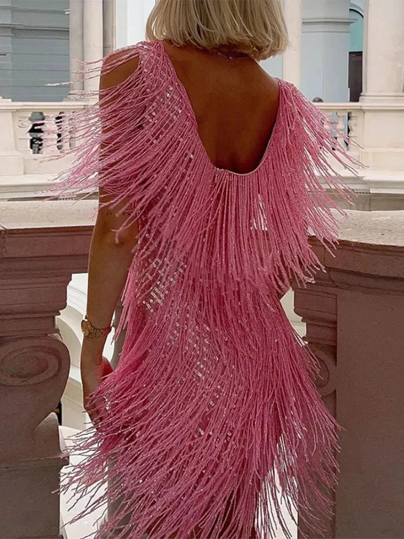 Short sleeveless V-neck fringe mini dress for women. Perfect sequin party & evening clubwear attire.