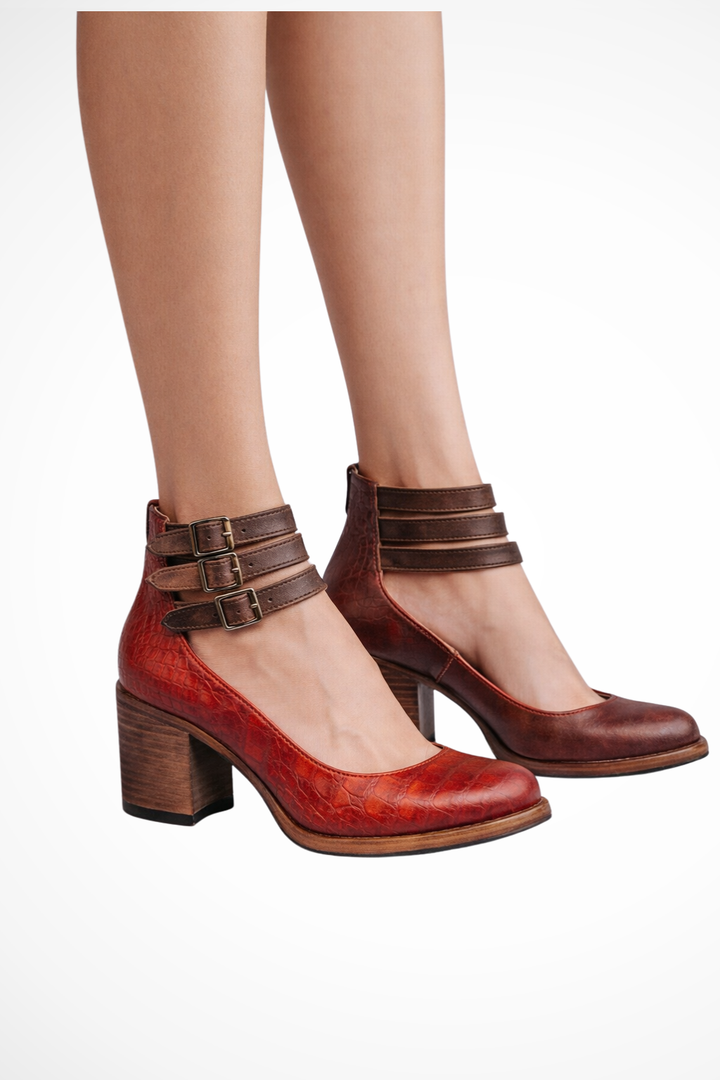 Women's classy block heel sandals, criss-cross straps & secure adjustable ankle buckle.