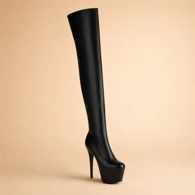 Women's black thigh high platform boots with stiletto heel for statement fashion, confident look & night out.