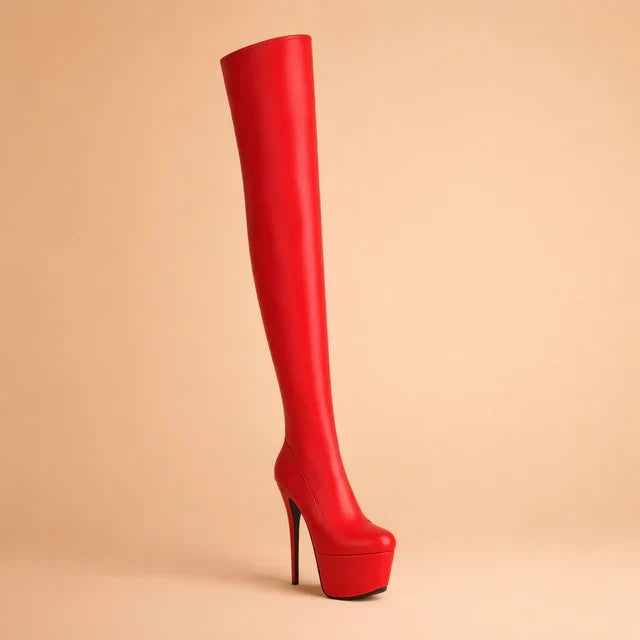 Black over-the-knee platform boots for women, featuring a bold stiletto heel. Ideal for confident party wear.