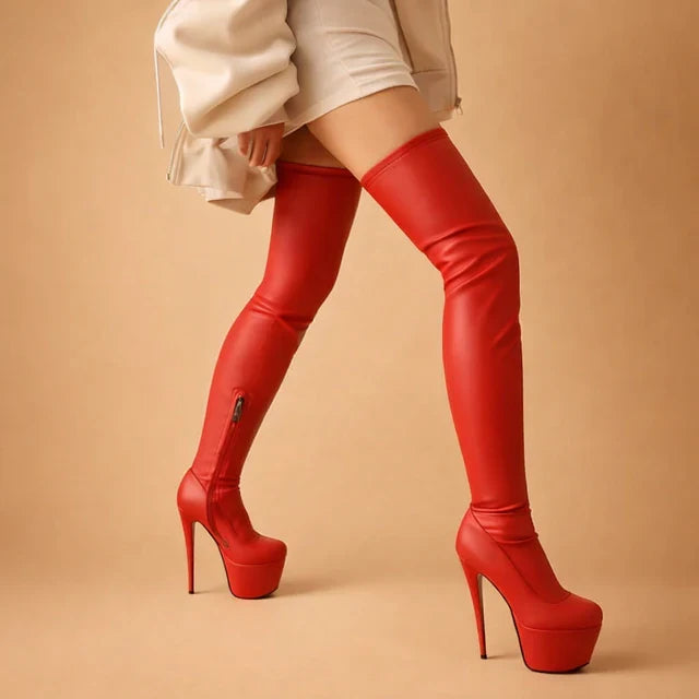 Stylish women's tall platform boots, over-the-knee design with stiletto heel for a confident party & night out look.