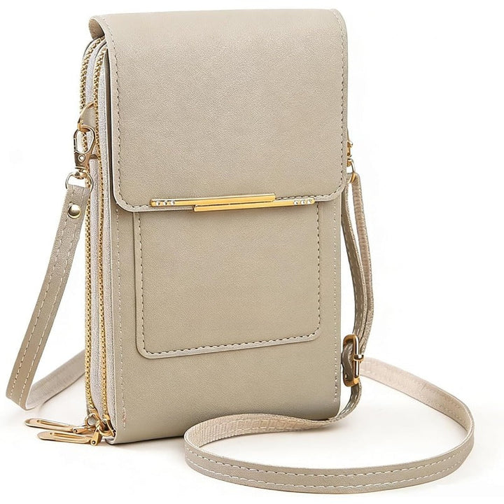 Women's black touchscreen crossbody phone bag with RFID protection and adjustable strap for hands-free convenience.