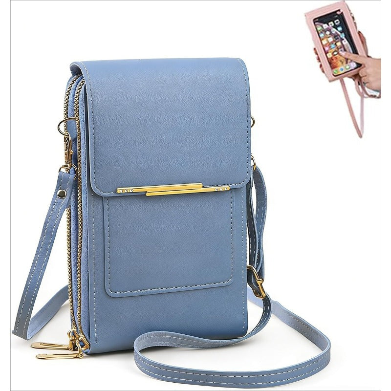 Compact women's phone crossbody bag with RFID, secure internal compartments for essentials.