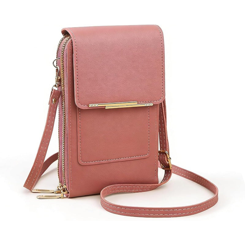 Close-up: Women's touchscreen phone bag showcasing clear screen access for convenience.