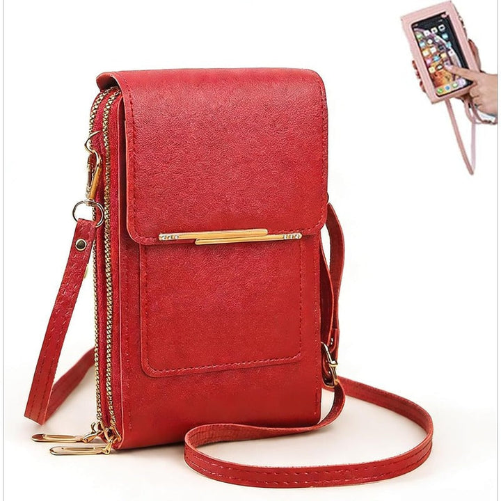 Angled view of a women's compact touchscreen phone bag with RFID protection, showcasing design.