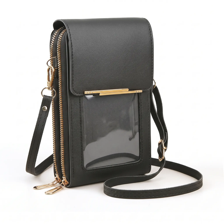 Smooth faux leather women's touchscreen phone bag, RFID protected for security.