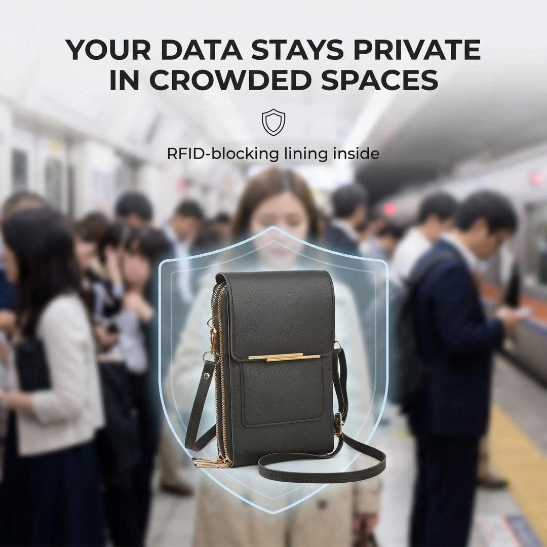Stylish women's touchscreen phone crossbody bag, perfect for hands-free travel with RFID security.