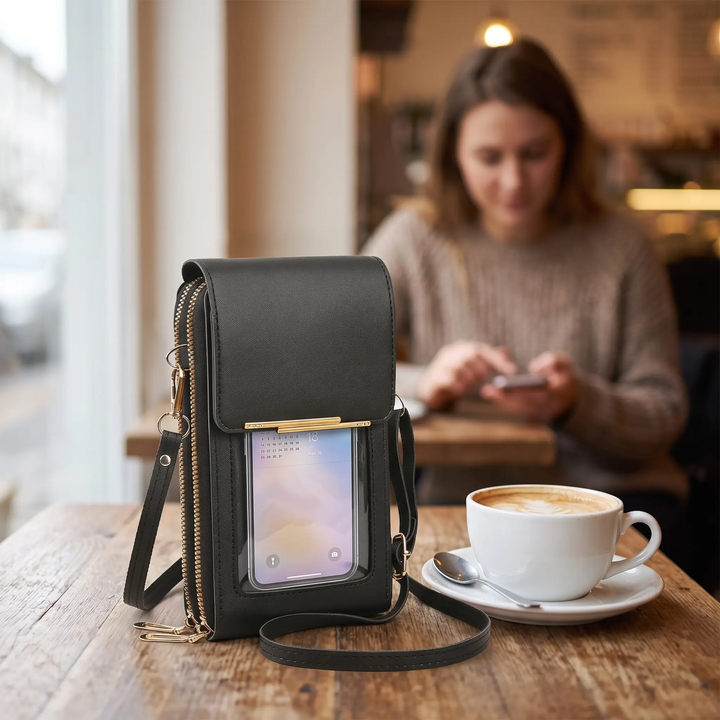 Compact women's RFID crossbody phone purse with clear window for touchscreen access, ideal for daily carry.
