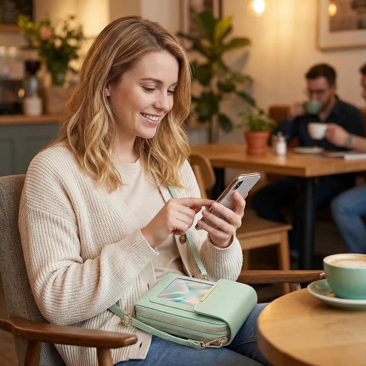 Faux leather women's touchscreen phone bag, a small hands-free crossbody with essential RFID protection.