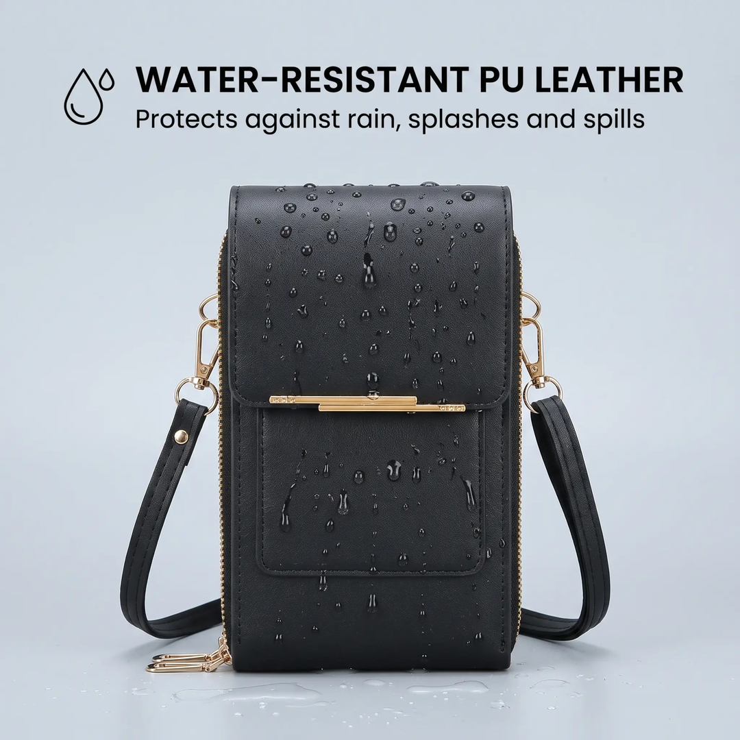 Small & secure women's touchscreen phone crossbody bag with RFID protection for safe and convenient carry.
