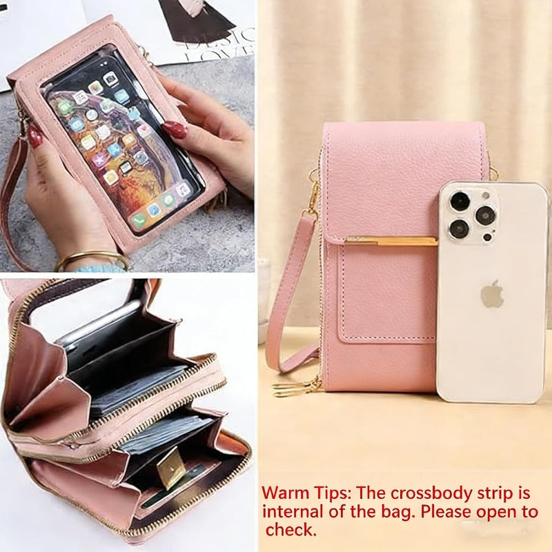 Travel-friendly women's hands-free touchscreen phone bag with RFID protection, compact and secure.