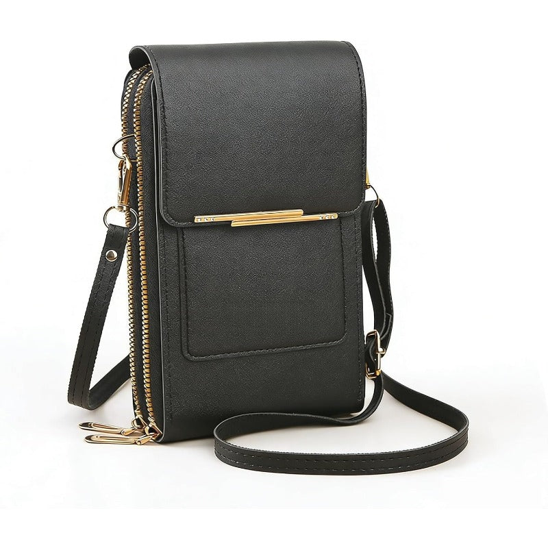 Elegant black women's touchscreen crossbody phone bag, featuring RFID protection for cards.