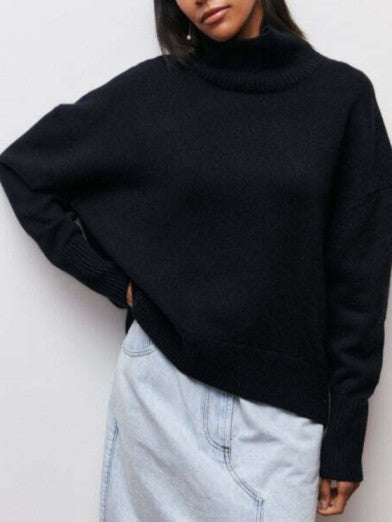 Comfortable women's black turtleneck sweater. Warm knit pullover, great for winter fashion.
